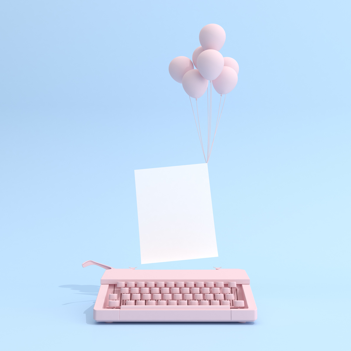 Typewriter and White Blank Paper with Balloons on Blue Background
